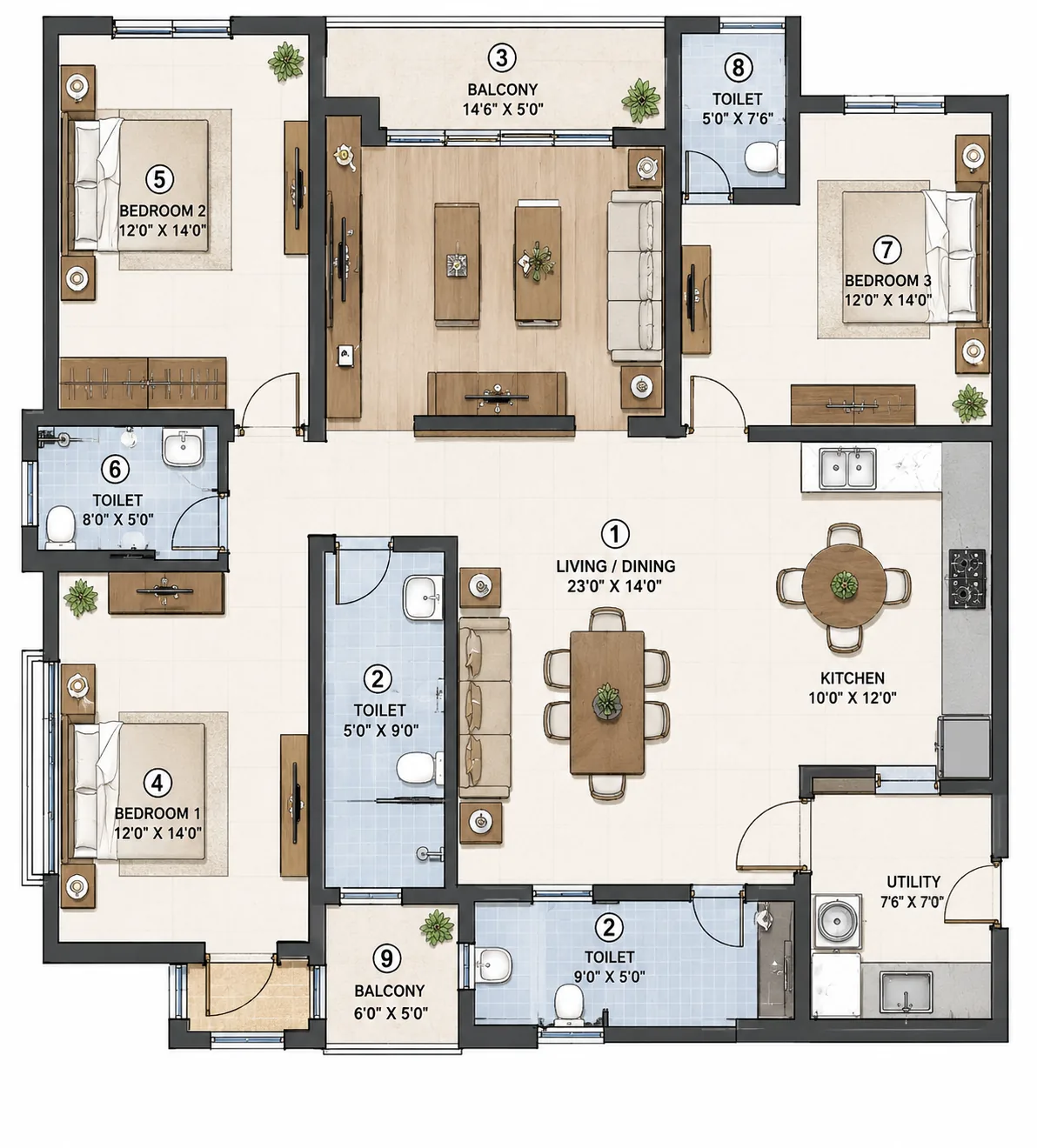 Three bedroom apartment plan